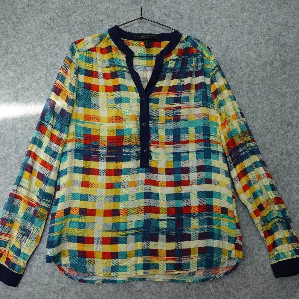 Y2K Eclectic Boho Top Womens MEDIUM Confetti Plaid Madarin Collar BCBG MAXAZRIA